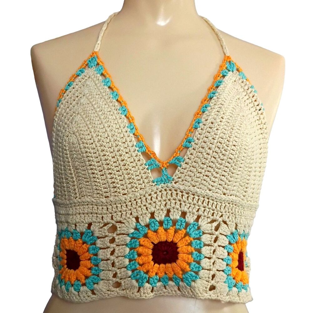 Boho Granny Square Crochet Crop Top Tie Back Halter M/L Hippie Festival
